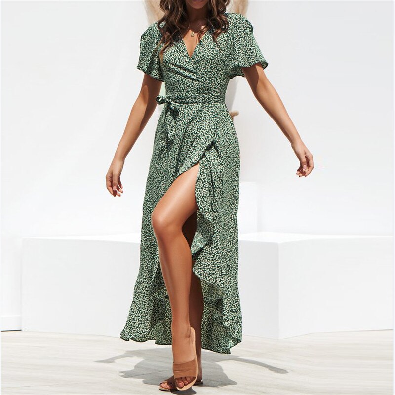 Boho Summer Maxi Dress Women Beach Green Floral Print Long Dress Ruffles Wrap Casual V-Neck Split Sexy Dresses Robe