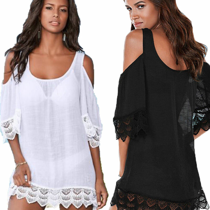 Women Casual Sexy Short Sleeve Cold Shoulder Hollow Out Lace Square Collar Mini Dress Bathing Beach Black/White Bikini Cover Ups