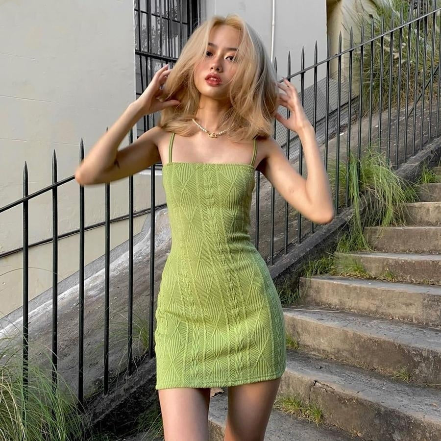 Women Fashion Elegant Streetwear Strap Mini Dress Summer 2021 New Solid Green Knit Stretch Slim Office Lady Dresses
