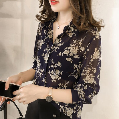 Chiffon Blouse Shirt Long Sleeve Print