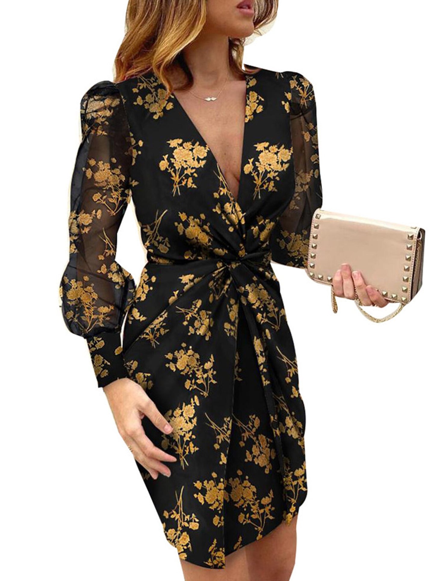 Leopard Print Long Sleeve Knot Deep V-Neck Slim Sexy Mini Dress