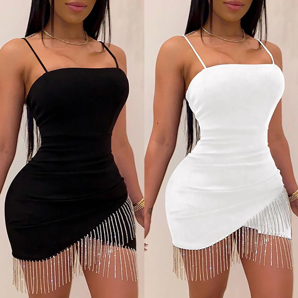 Women Sexy Dresses Party Night Birthday Tassel Split Sleeveless Bodycon Dress Summer Elegant Suspender Short Mini Pencil Dresses