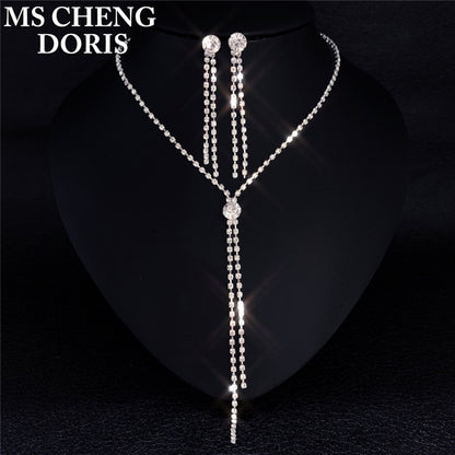 Water Drop Rhinestone Long Pendant Full Crystal Silver Plated Necklace &amp; Earrings Elegant Bridal Wedding Jewelry Set