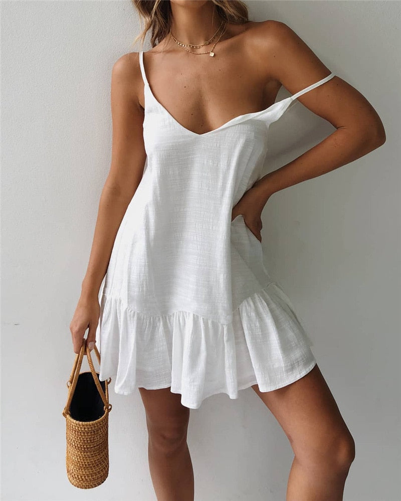 Summer Dress 2022 White Mini Dress Spaghetti Strap Dresses Off Shoulder Women Ruffle Sexy Party Sundress Cotton Linen Vestidos