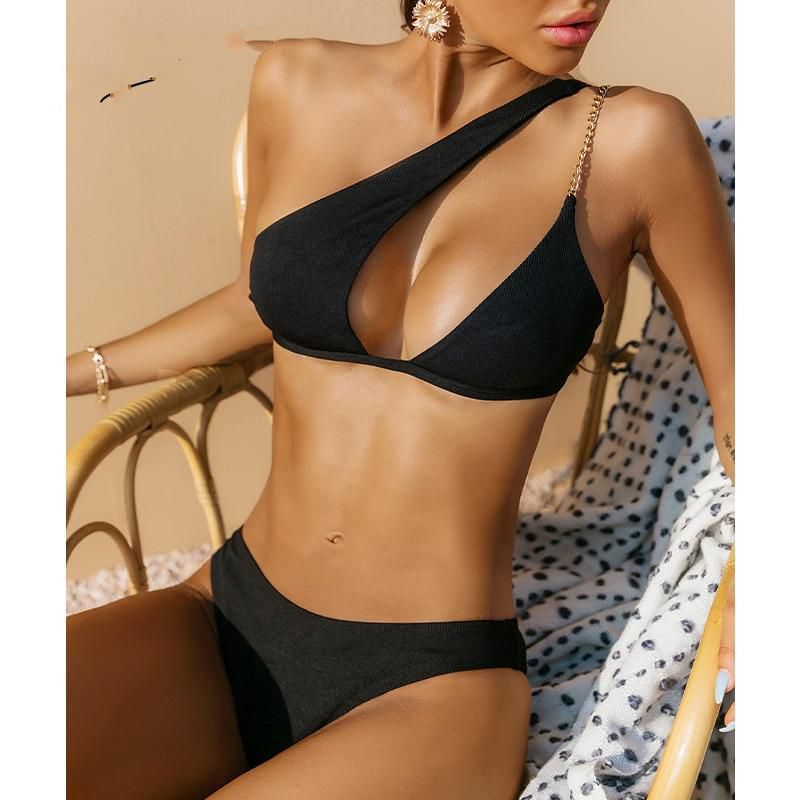 One shoulder swimwear  Chain swimsuit women Solid bikini 2 pieces set bathing suit bathers