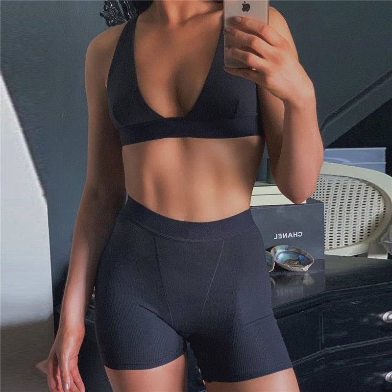 Sexy Sports Ribbed Knitted 2 Pc Set for Women