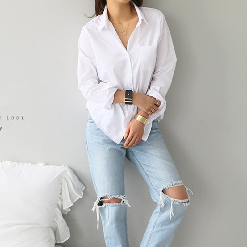 Blouse Top Long Sleeve Casual White Turn-down Collar OL Style Women Loose Blouses