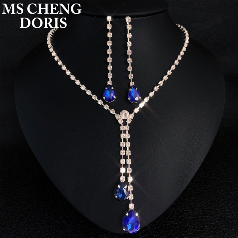 Water Drop Rhinestone Long Pendant Full Crystal Silver Plated Necklace &amp; Earrings Elegant Bridal Wedding Jewelry Set