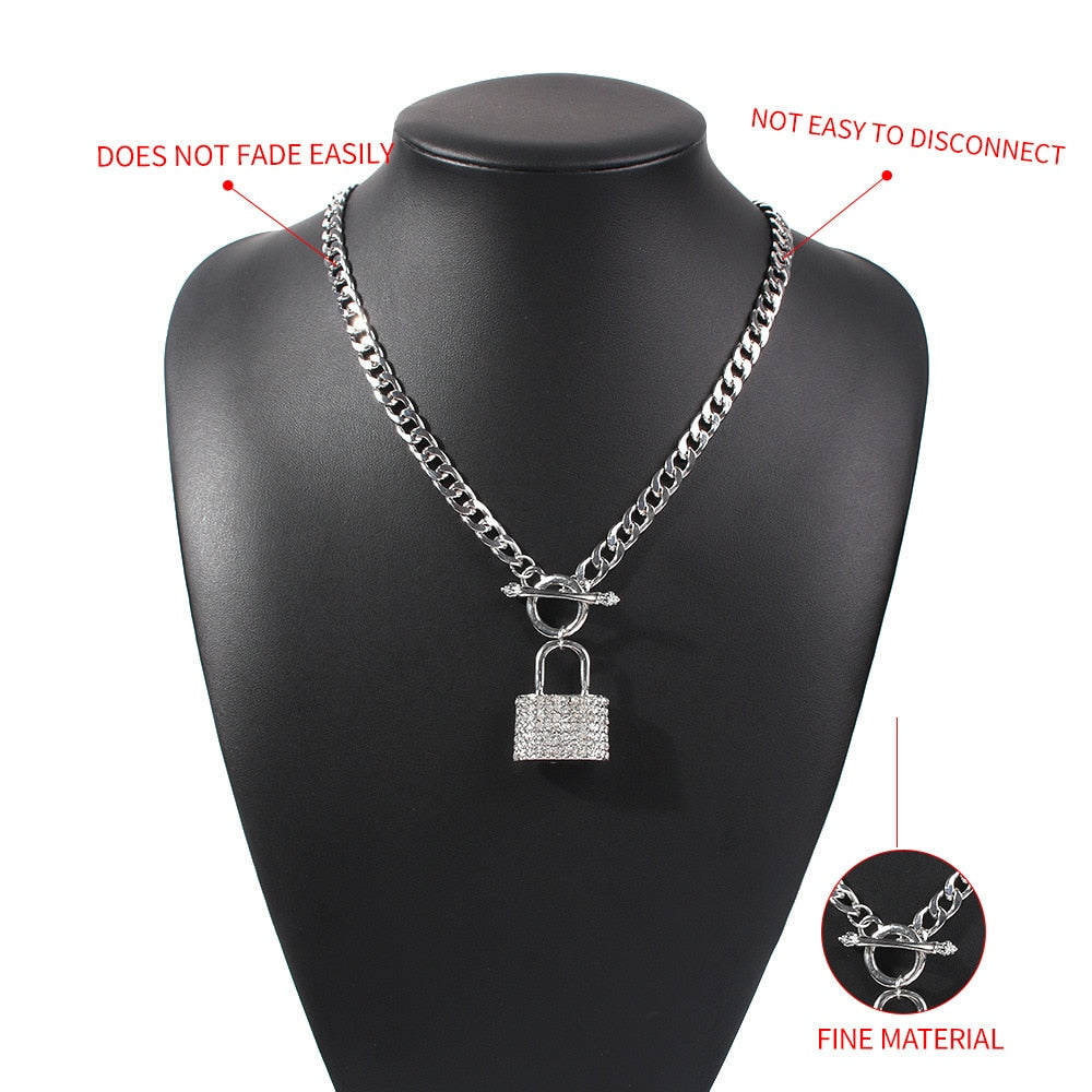 Shiny Crystal Lock Pendant Necklace Jewelry For Women Men