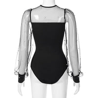 2021 Sexy Pearl Mesh Puff Sleeve Bodysuit Women Tops See Through Skinny Bodycon Body Suit Rompers Basic Black Sexy Bodysuits