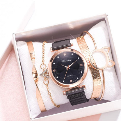 5pcs Set Women Luxury Magnet Buckle Flower Rhinestone Watch Ladies Quartz Wrist Watch Bracelet Set