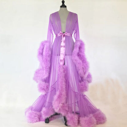 Fashion Gown Mesh Fur Sleep Wear  Night Dress Nightgrown Robes Sexy Women Lingerie Sleepwear Lace Robe Home Clothes Nightwear