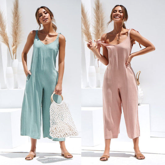 Summer Women Sleeveless Rompers Loose Jumpsuit O Neck Casual Backless Overalls Trousers Wide Leg Pants 4 Color S-XL