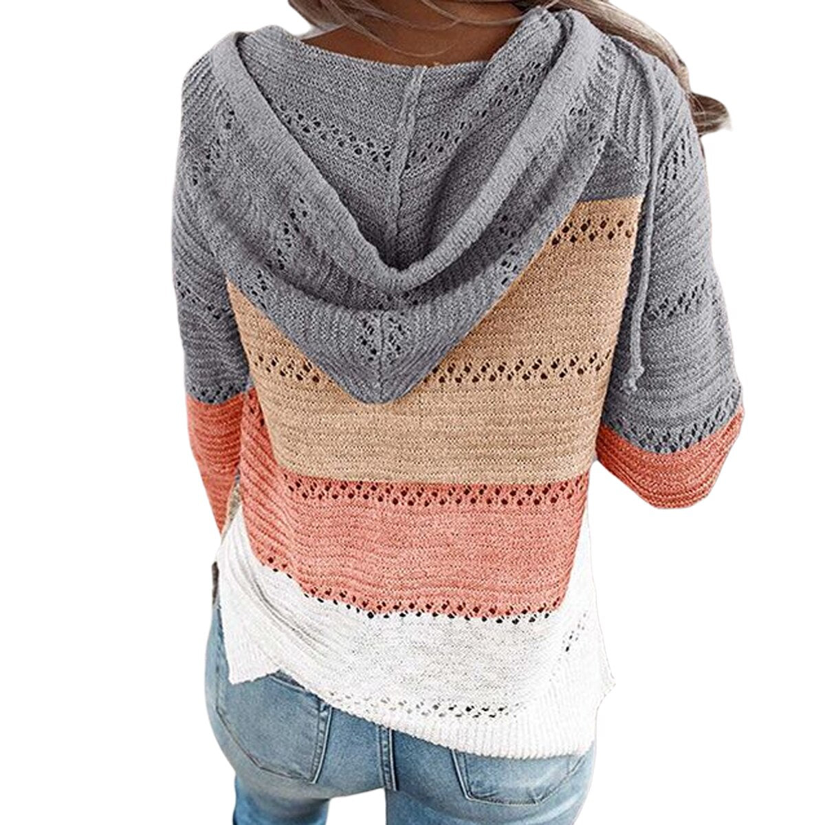 Hooded Long Sleeve Patchwork Cardigan Sweater