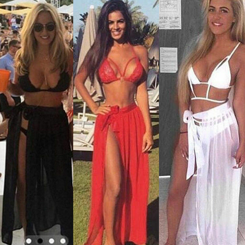 Beach Bikini Cover Ups Wrap Mesh Skirt Women Solid Lace Up Split Maxi Skirts Bathing Suit