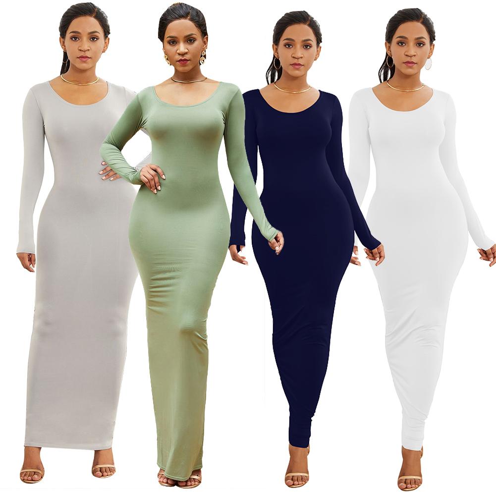 HOT SALES!!! Spring Autumn Sexy Women Solid Color Long Sleeve Round Neck Bodycon Maxi Dress evening party dress sexy comfortable