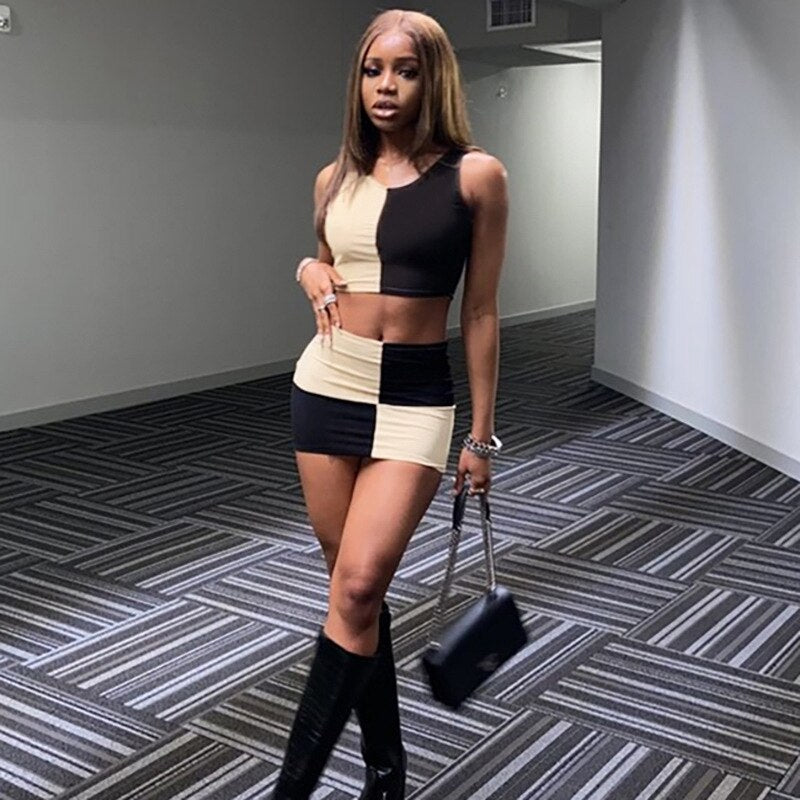 Woman Two Piece Set Patchwork Sleeveless Crop Top Sexy Mini Skirt Rave Outfit Clothes Summer New 2021