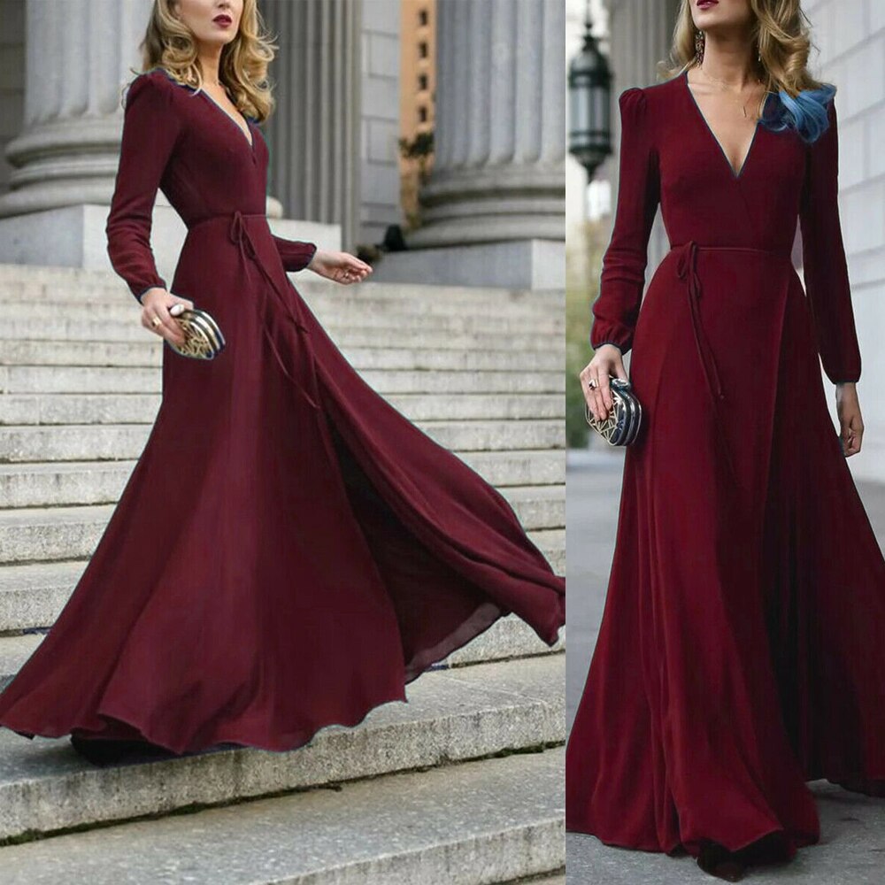 Sexy V Neck Long Sleeve Formal Maxi Dress Solid color Bandage Office Ladies Evening Party Prom Gown Women Autumn Dresses