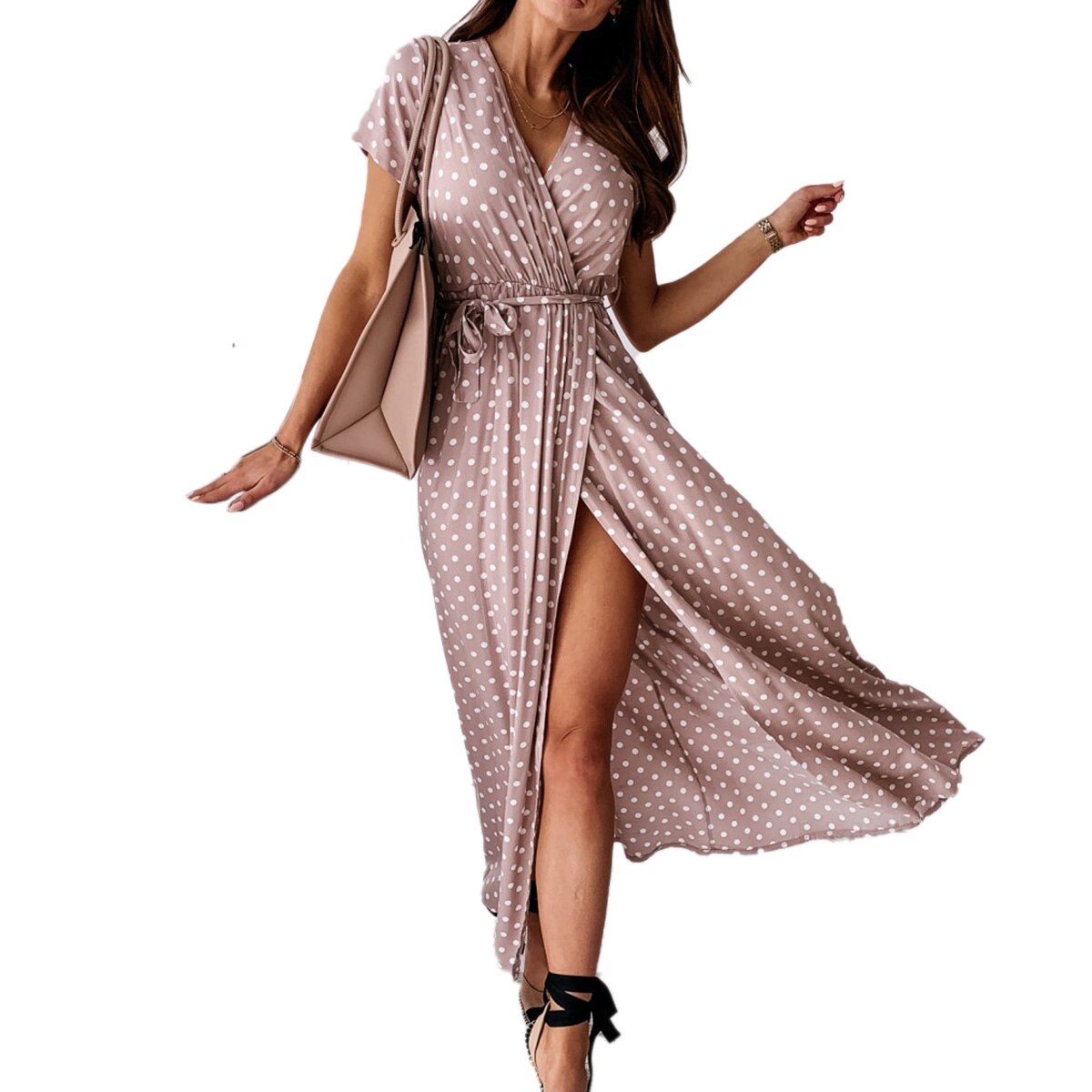 2020 New Casual Women Long Maxi Dress High Waist Female Loose Summer Split Holiday Dress Dot Print V Neck New Chic Beach Dresses