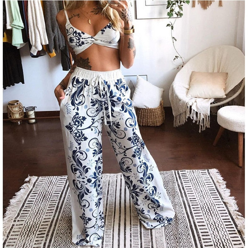 2022 Summer Women Fashion 2 Pieces Set Boho Print Sexy Sleeveless Crop Top Loose Wide Leg Pants Suits Female Clothing