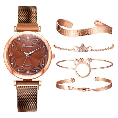 5pcs Set Women Luxury Magnet Buckle Flower Rhinestone Watch Ladies Quartz Wrist Watch Bracelet Set