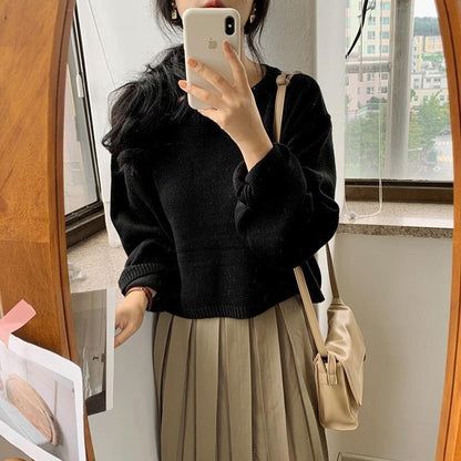 Loose Knit Solid Color Korean Crop Top Sweaters