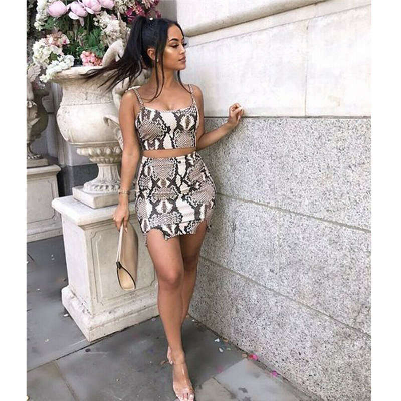 Fashion Two Pieces Set Sleeveless Crop Top and Mini Skirt Set Summer Sexy Serpentine Printed Women Set
