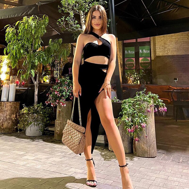 wsevypo Chic Women Skirts Suits Solid Color Two-piece Sets One-shoulder Bra Crop Tops and High Waist Cut Out Slit Skirt Clubwear