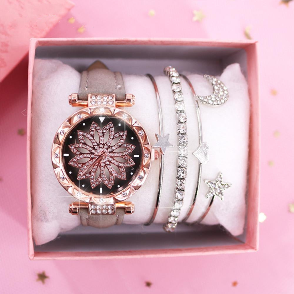 Ladies Watch Bracelet Set With Box Leather Strap Quartz Wristwatch Diamond Watches