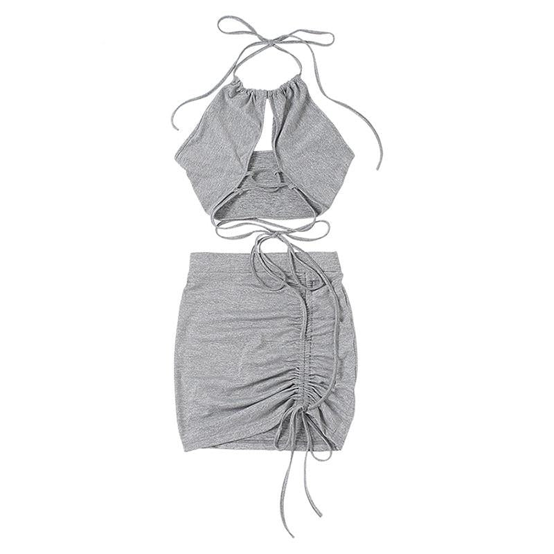 women halter bandage two piece outfits sleeveless backless crop tops+stacked skirt matching set sexy solid skinny clubwear
