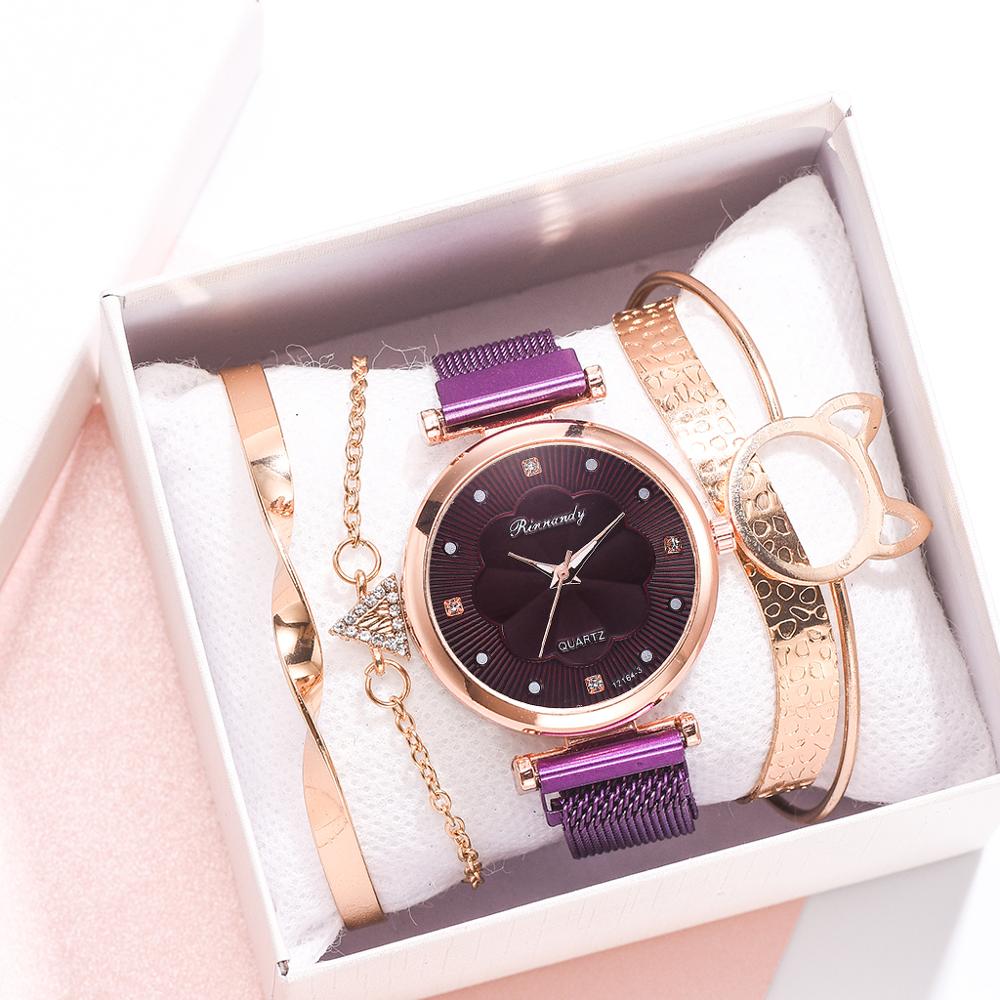 5pcs Set Women Luxury Magnet Buckle Flower Rhinestone Watch Ladies Quartz Wrist Watch Bracelet Set