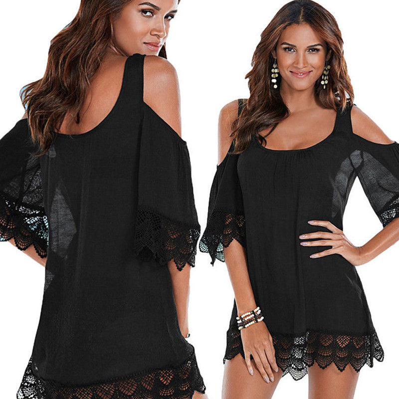 Women Casual Sexy Short Sleeve Cold Shoulder Hollow Out Lace Square Collar Mini Dress Bathing Beach Black/White Bikini Cover Ups