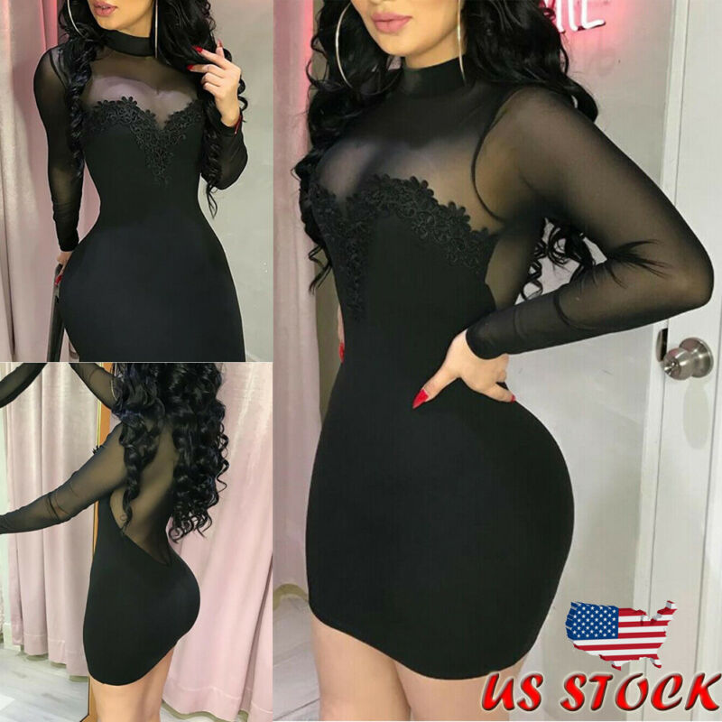 Skinny Summer Dress 2019 Mesh Transparent Sexy Black Women Dress Casual Long Sleeve Evening Party Mini Short Sexy Dress Bodycon