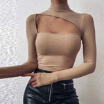Sexy Off Shoulder Chain Strap Bodycon Blouse Women Hollow Out Long Sleeve Turtleneck Pullover Top