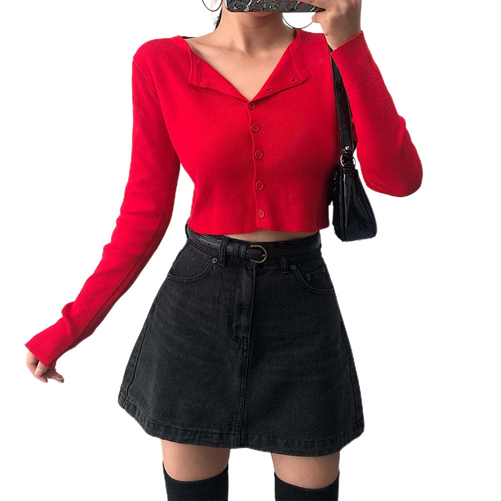 Knitted Sweater Cardigan Long Sleeve Pull Crop Tops
