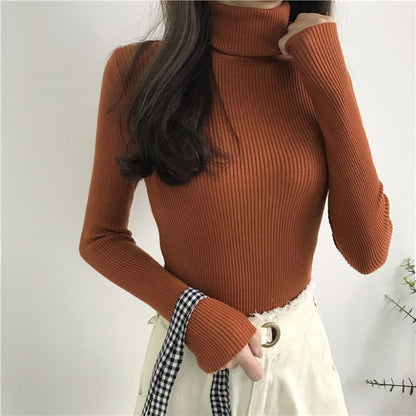 Knitted Ribbed Pullover Sweater Long Sleeve Turtleneck Slim Jumper