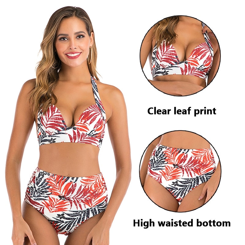 High waist bikini set Halter bathing suit woman swimsuit female Plus size bikini  3XL Floral print swimwear women