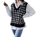 Houndstooth Print Knitted Top Women V Neck Sweater Vest