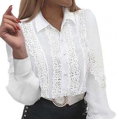 Office Women Dress Shirt 2021 Summer Long Sleeve Hollow Out Top Women Single-breasted Lace Patchwork Blouse Women Suit Shirt