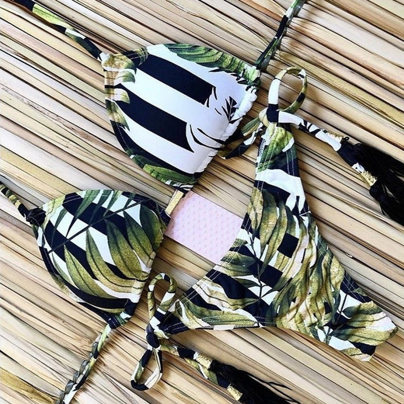 Sexy Floral Print Bikinis Striped Patchwork Swimsuit Women Bandage Bikini Set