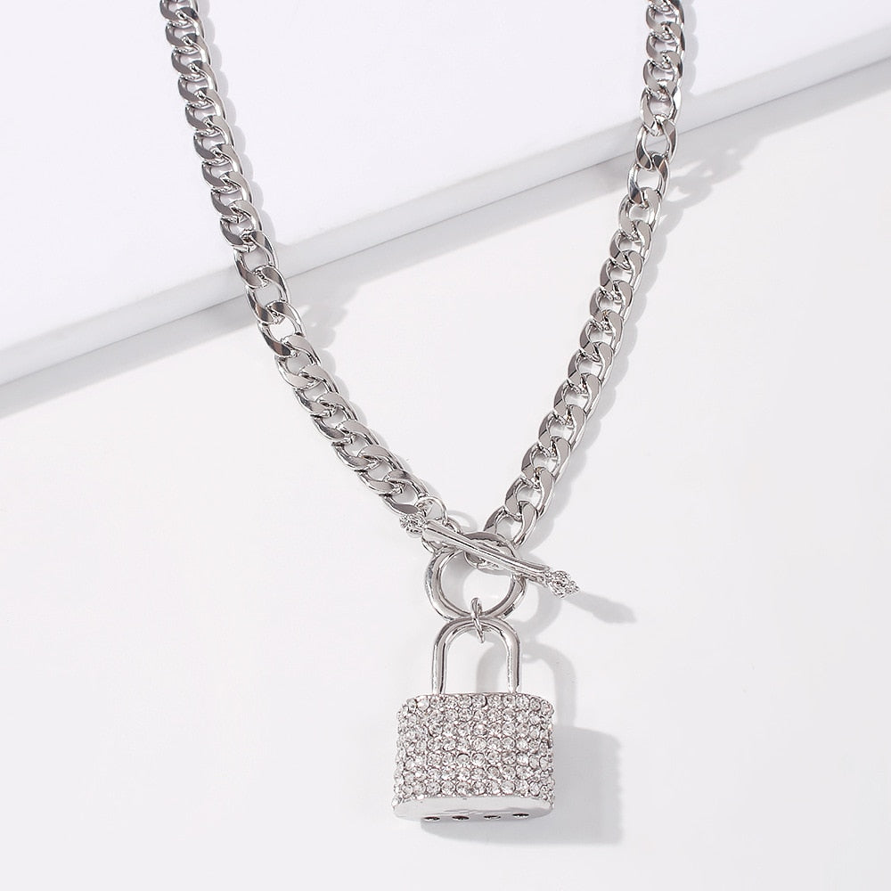 Shiny Crystal Lock Pendant Necklace Jewelry For Women Men