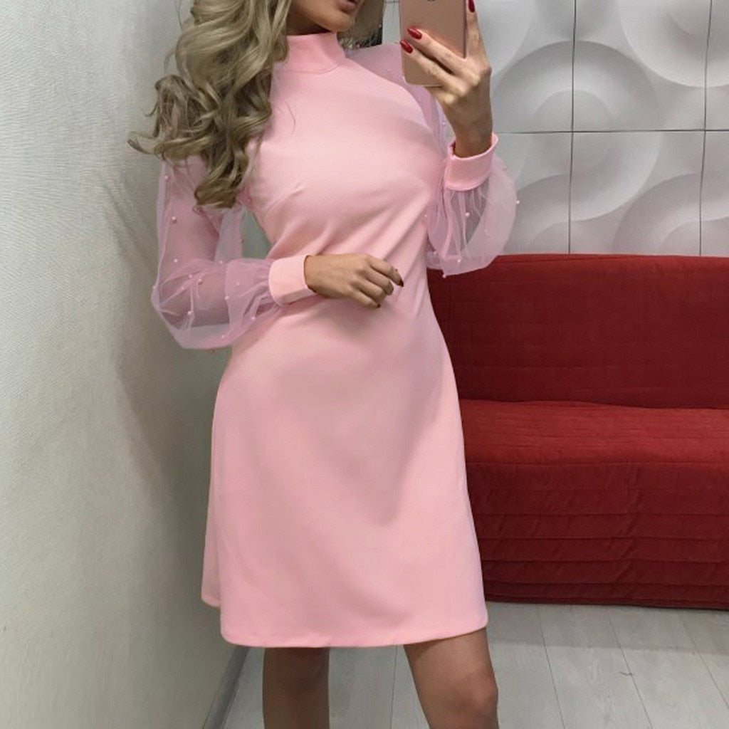 Women Elegant Dress Turtleneck Black Dress Pearl Beading Mesh Sleeve Long Sleeve Dress A-Line Mini Party Dresses vestidos