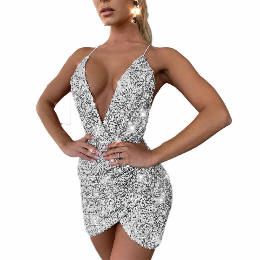 Women's Spaghetti Strap Deep V Neck Sequins Glitter Short Dress