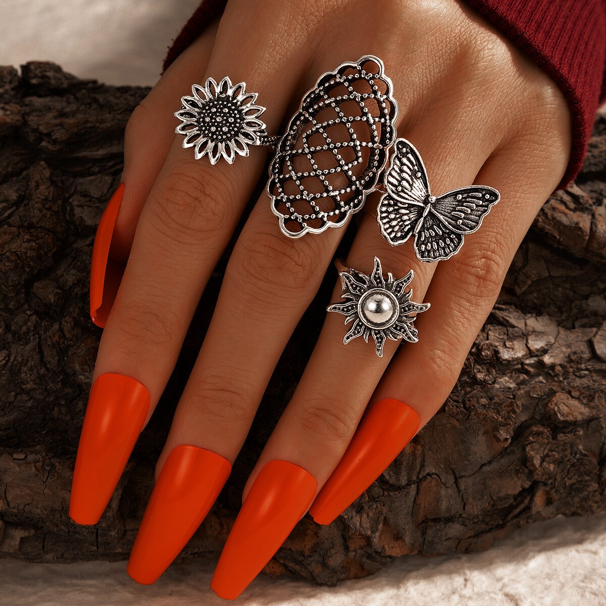 Boho Finger Jewelry Crown Geometric Rhinestone Leaf Women Ring Sets Hollow Stacking Finger Rings Vintage Silver Color