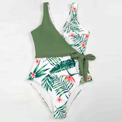 Floral Plant Printing One piece Belt Swimsuit Bathing Suit Beach Swimwear