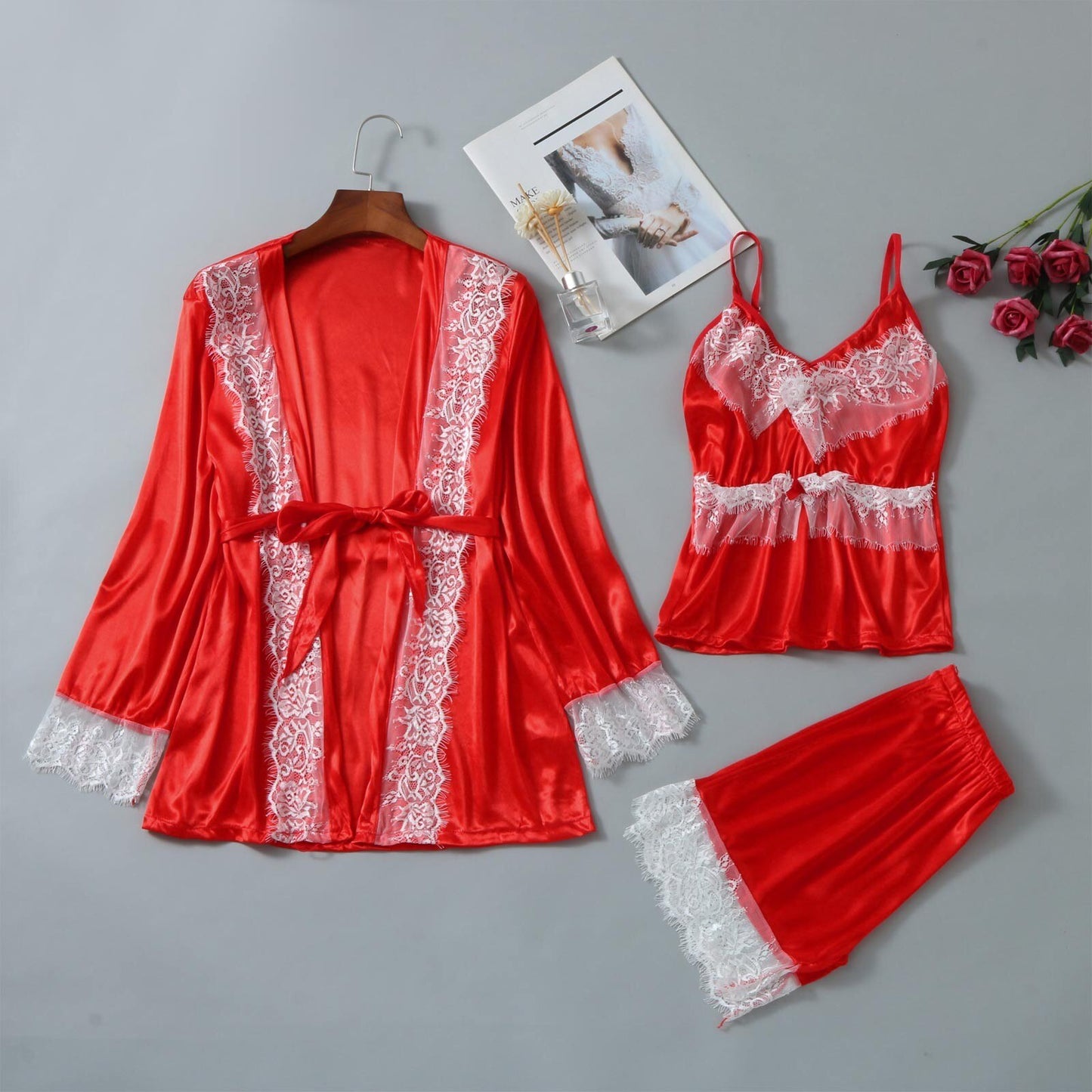 3 Pieces Women Pajamas Sets Faux Silk Pajamas Sleepwear Sets Embroidery Lace Bath Gown Wedding Night Dress Robe With Belt #T2G