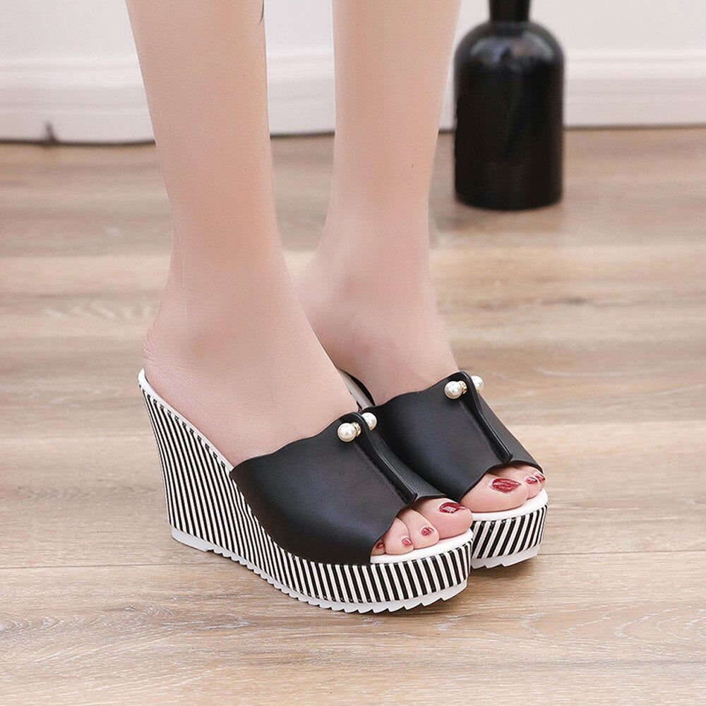 Stripe Pearl Sandals flip flops women shoes