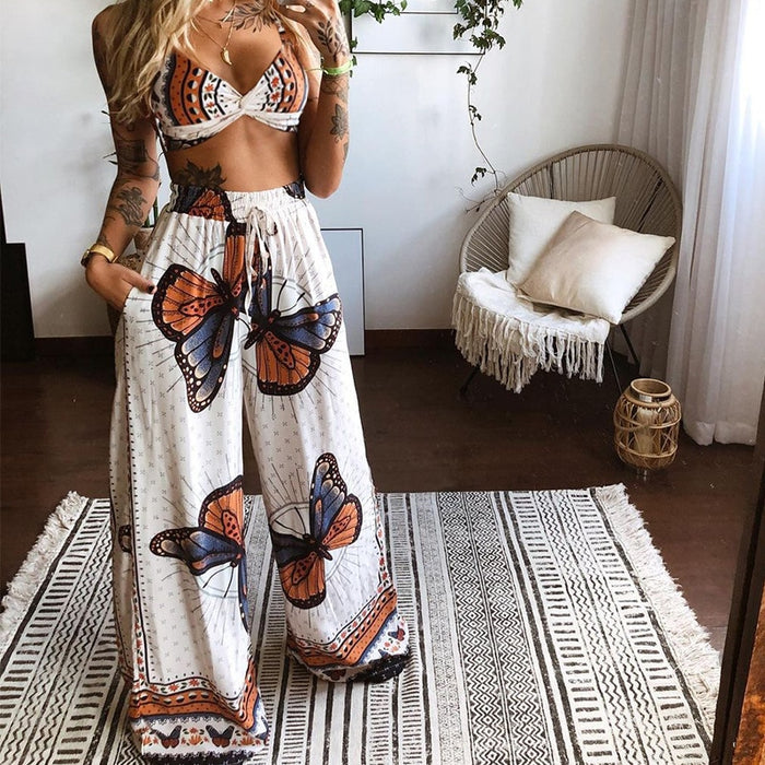 2022 Summer Women Fashion 2 Pieces Set Boho Print Sexy Sleeveless Crop Top Loose Wide Leg Pants Suits Female Clothing