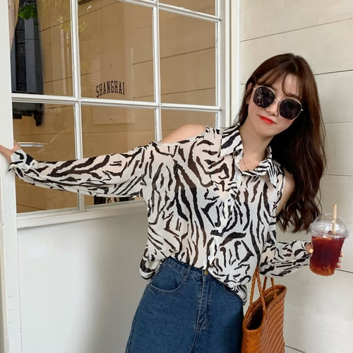 Blouses Shirts Women Summer Print Chiffon Bare Shoulder Chic Korean Style Thin Sun-proof New Stylish Womens Tops Breathable Ins