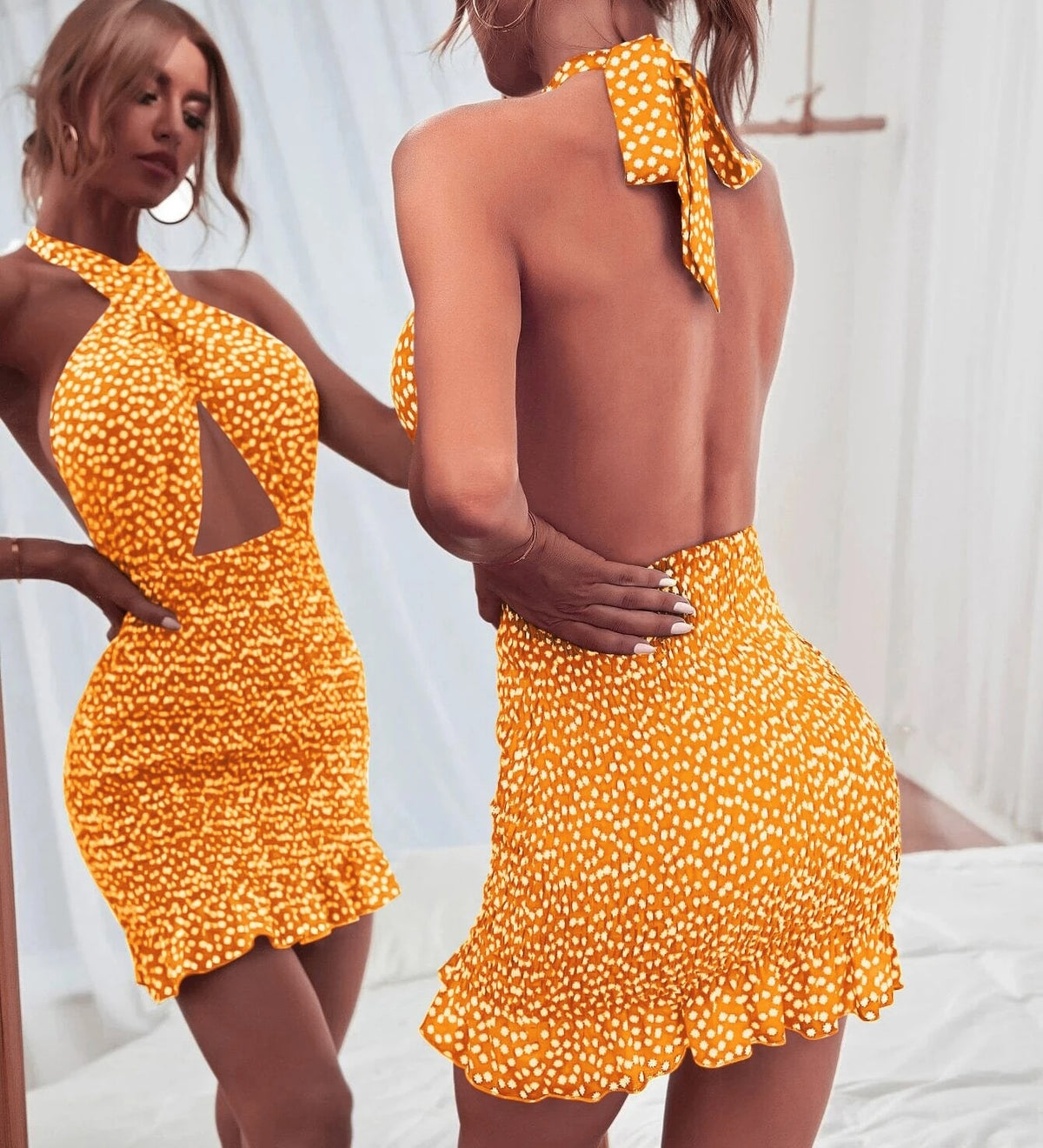 wsevypo Backless Tie Up Short Wrap Bodycon Sundress Women Sexy Cross Halter Mini Sheath Dress Party Ladies Cutout Front Dress